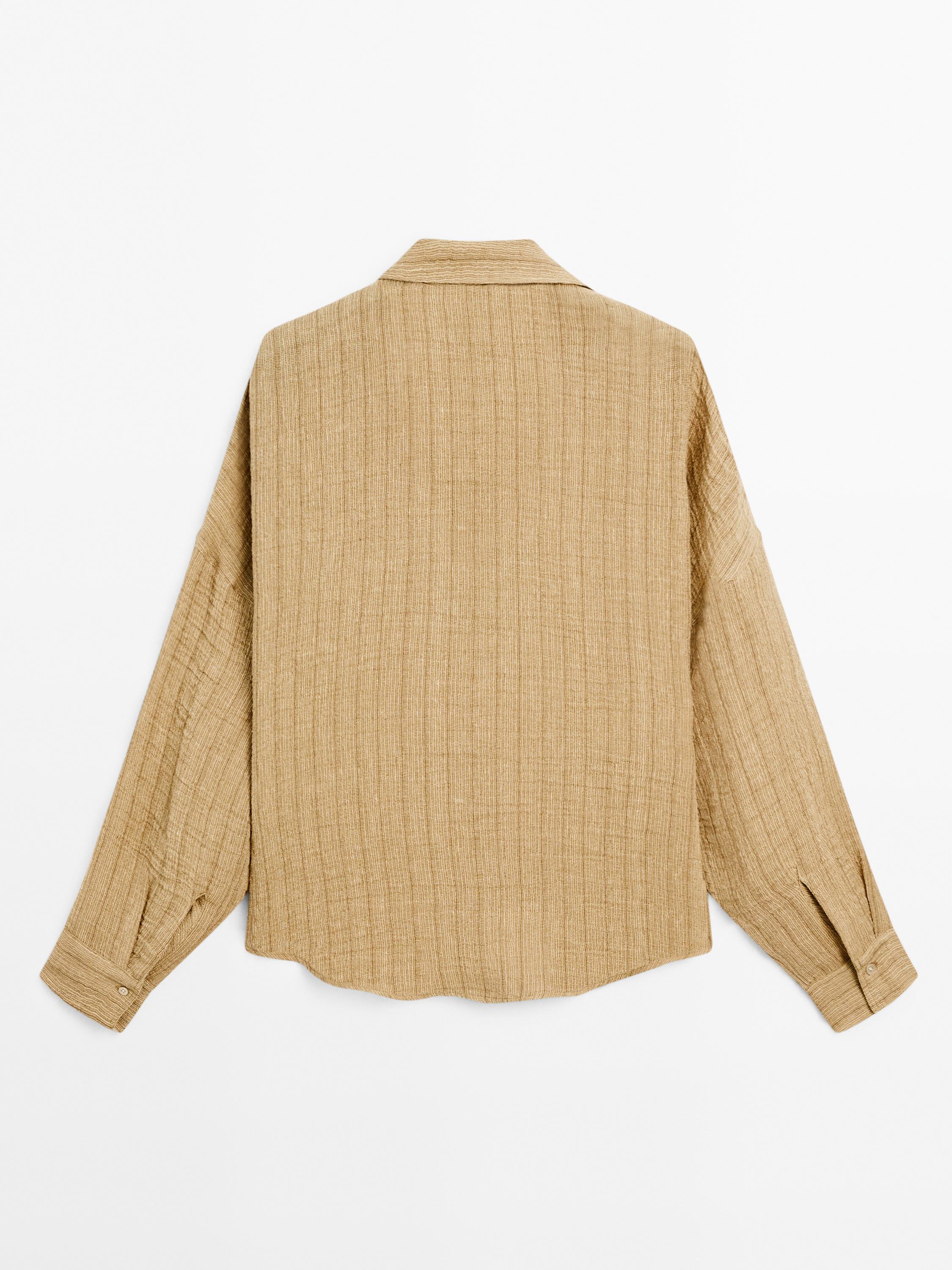 Linen blend open polo collar blouse